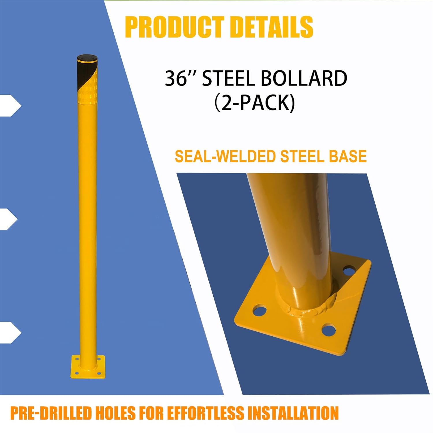 36" Steel Bollard Post 2-Pack, 1-7/8" OD Safety Bollard Yellow Powder Coat, Metal Bollard w Flanges for Parking, Driveway Barrier