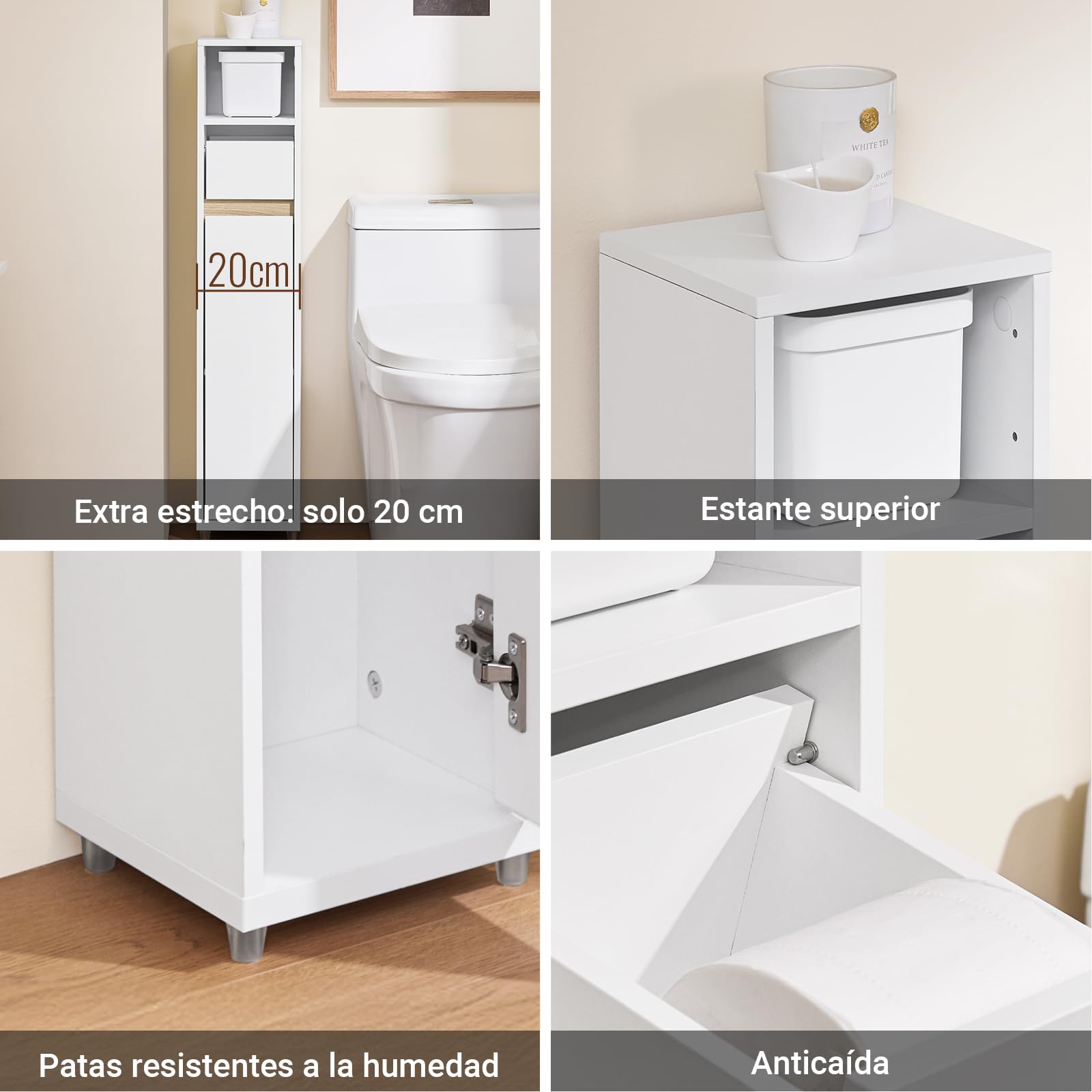 SoBuy Mueble Baño Auxiliar Armario Estrecho Columna 20x20x96cm para Aseo | Con Cajón & Balda Ajustable para Espacios Reducidos Mueble Almacenaje Blanco BZR151-W