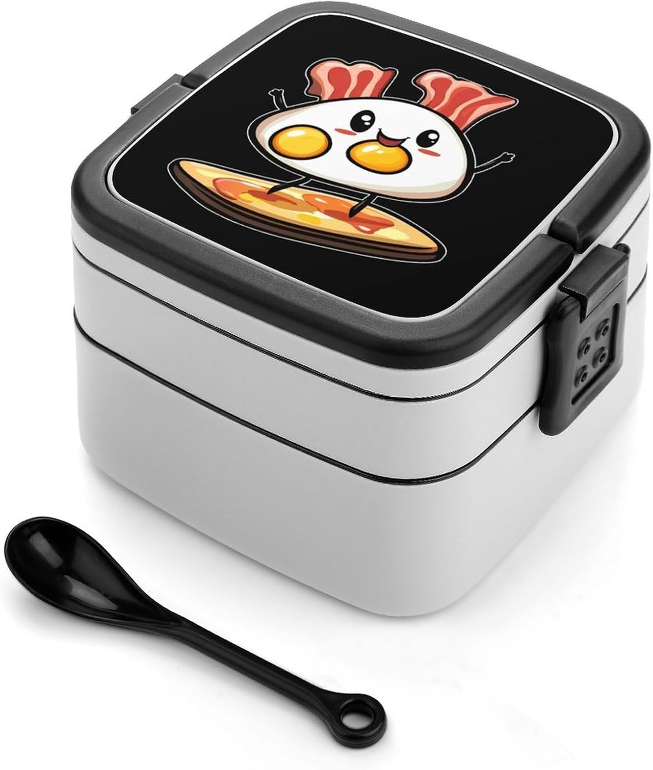 Bacon Surfing On Fried Egg Bento Box with Spoon 2 Layer Food Container Cute Lunch Box for Travel Dining Work