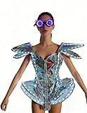 Earthradius LED Dance Costume White Reflective Laser Sexy One-piece Stage Performance Bodysuit With Glasses For Singer Dancer (US, Alpha, Large, Regular, Regular, silver)