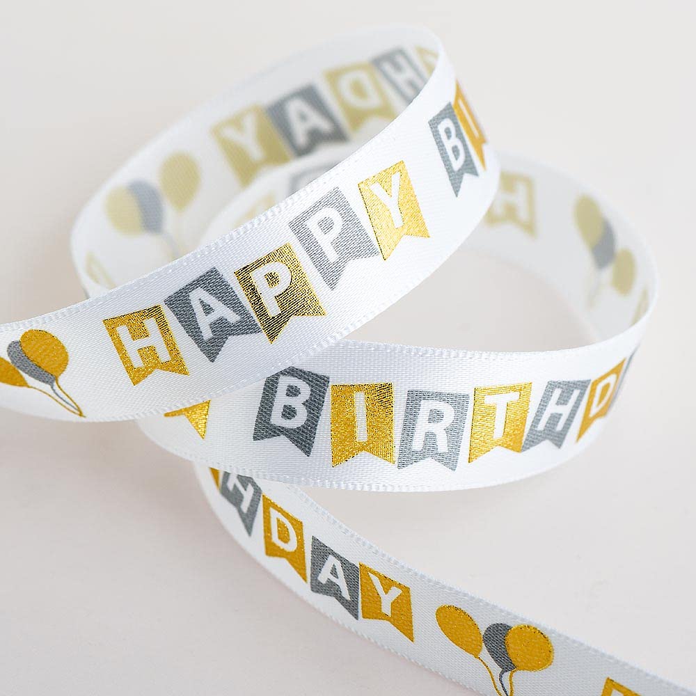 Italian Options Happy Birthday White Satin Happy Birthday Ribbon, 16Mm Satin X 10 Metres, White