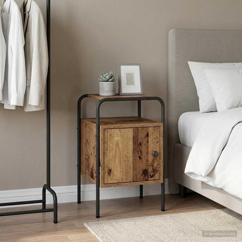 Armadio da notte legno antico con struttura in acciaio zincato, comodino moderno con anta e ripiano, mobiletto salvaspazio per camera letto soggiorno ufficio