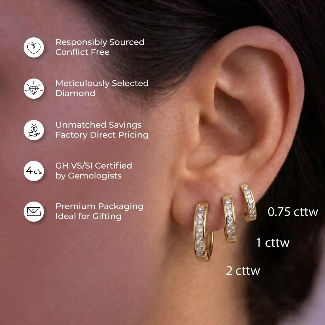 Diamond Huggie Hoop Earrings | 14K Gold Plated 925 Sterling Silver Earrings | 1/4-1 CT. TW. Small Lab Grown Diamond Hoops