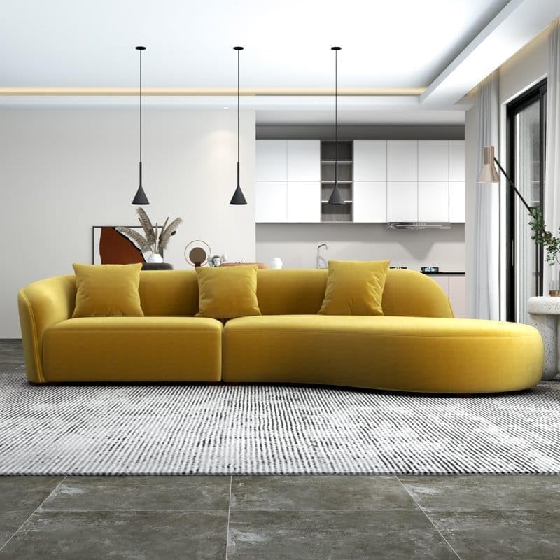 Image of 110.24 inch Modern Futuristic J- Style Curved Velvet Sofa, Sectional Sofa Round Arm with Soft Pillow for Living Room, Bedroom, Hallways (Yellow)