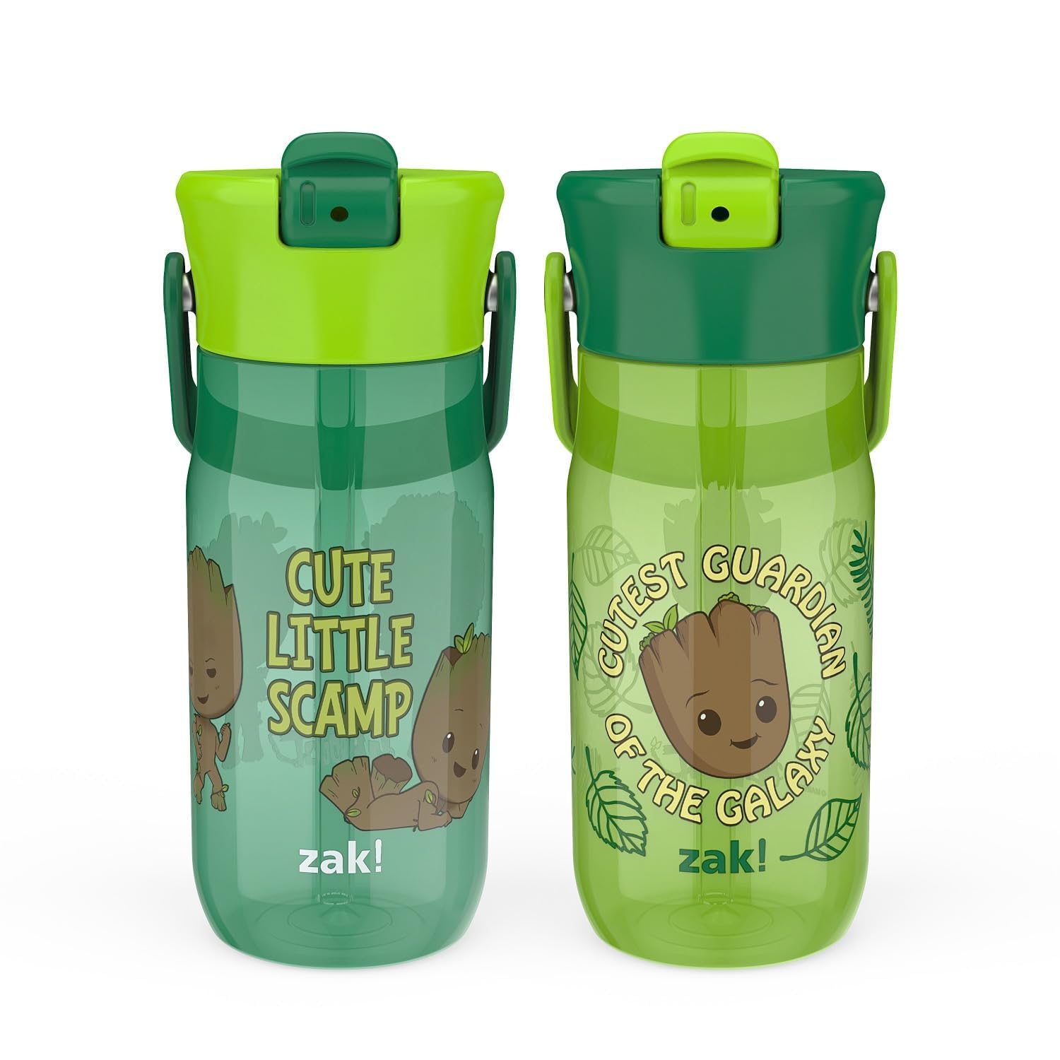 Zak Designs Marvel Groot 18oz Water Bottle, Leak-Proof, Recycled, 2-Pack | Durable Recycled Plastic, Built-in carry handle, Easy to clean and BPA Free, Fits in most car cupholders, Dishwasher safe