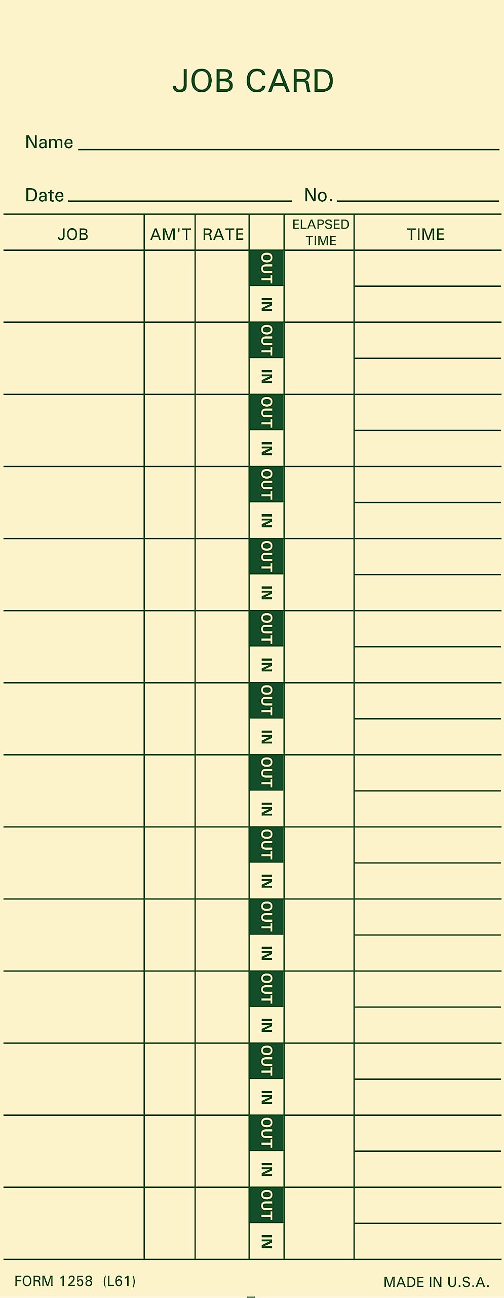 1258 Time Card, Made In USA, 500-Count, Job Card, 1-Sided, 3 1/2 x 9, Green Print
