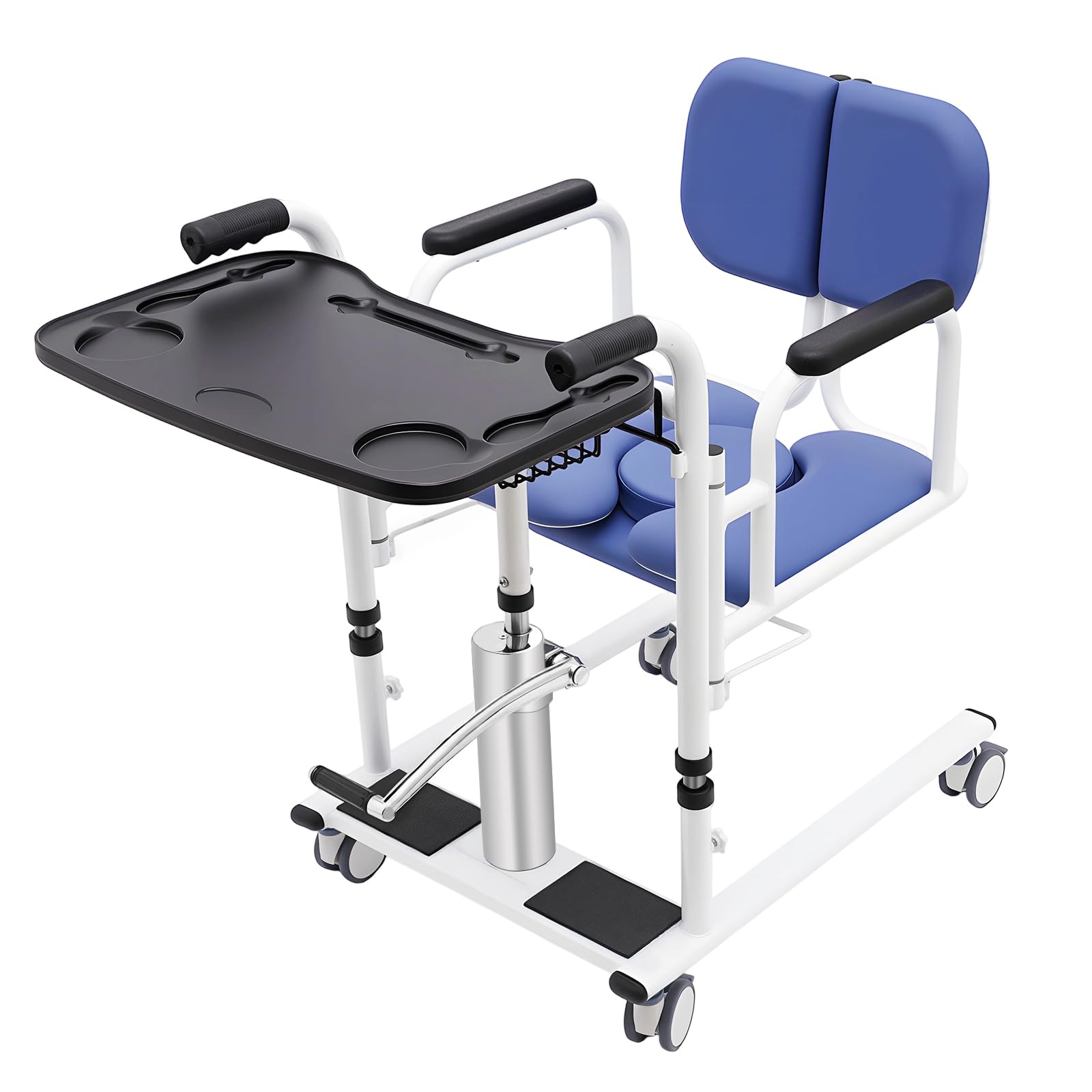 Sollevamento idraulico per pazienti a casa, sedia di trasferimento e sedia a rotelle con altezza regolabile 30 – 46 cm – Include tavolo e sedia per WC, fino a 150 kg, per anziani e cura (blu)