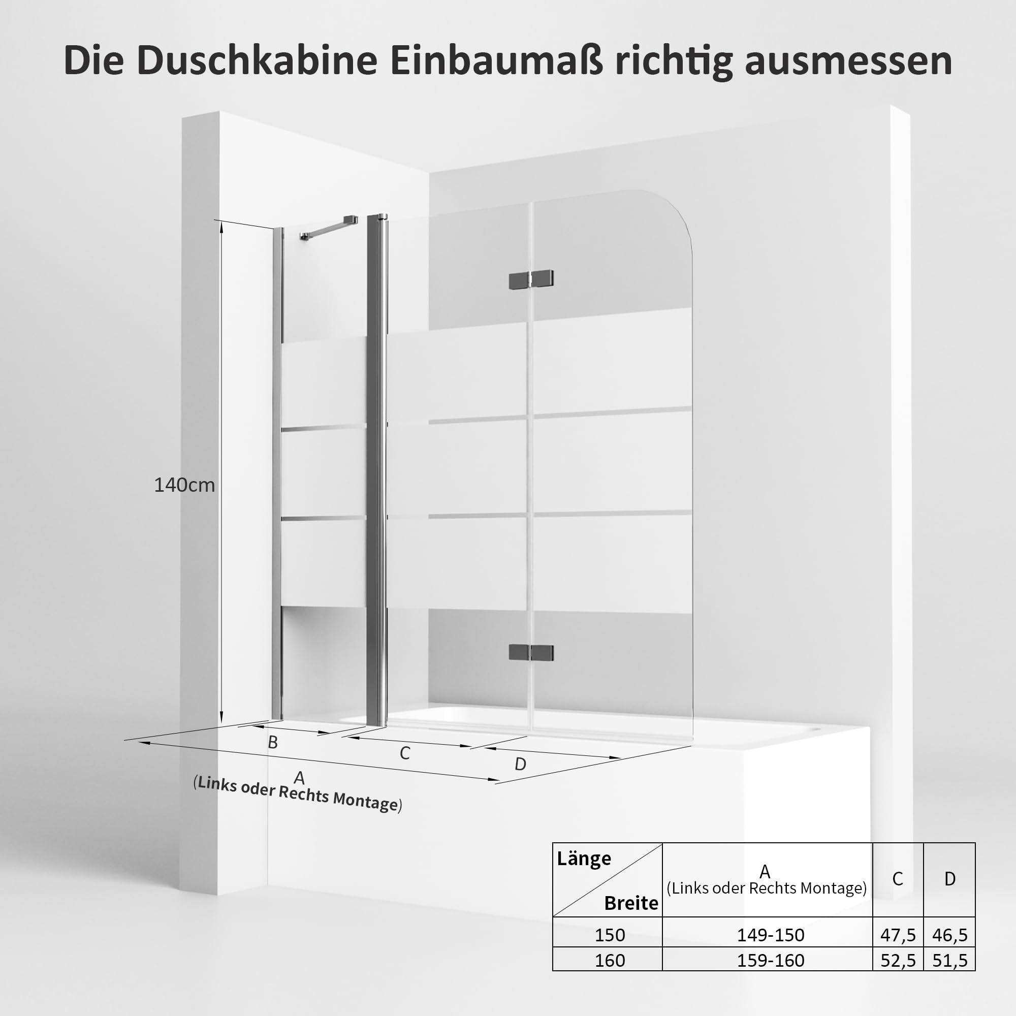Duschwand für Badewanne mit Stabilisator und Festteil 2 teilig faltbar 160 x 140 cm Gestreift Badewannenfaltwand Duschtrennwand 6mm Nano Glas Duschabtrennung Badewanne