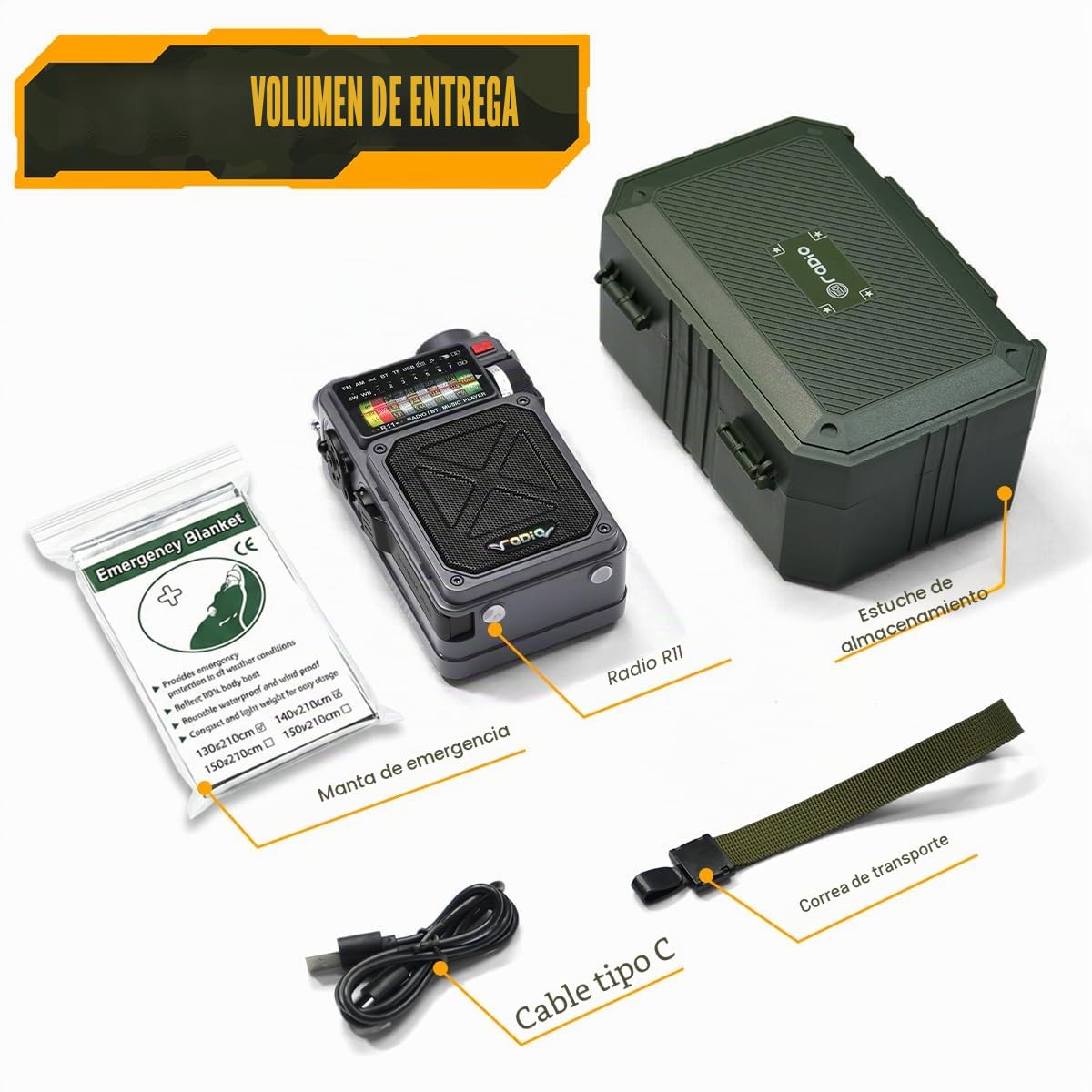 Emgykit R11 - Radio portátil de onda corta - 4000 mAh/14800 mWh NOAA/SW/AM/FM, solar/manivela de mano/carga USB, receptor Bluetooth/reproducción USB/TF, con brújula, linterna, SOS para camping y