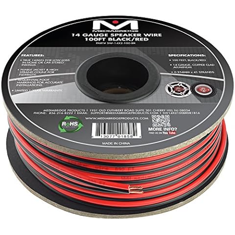 Mediabridge™ 14AWG 2-Conductor Speaker Wire (100 Feet, Black/Red) - True 14AWG for in-Home Or Car Stereo - Low-Loss Copper Clad Aluminum (Part# SW-14X2-100-BR) Cover