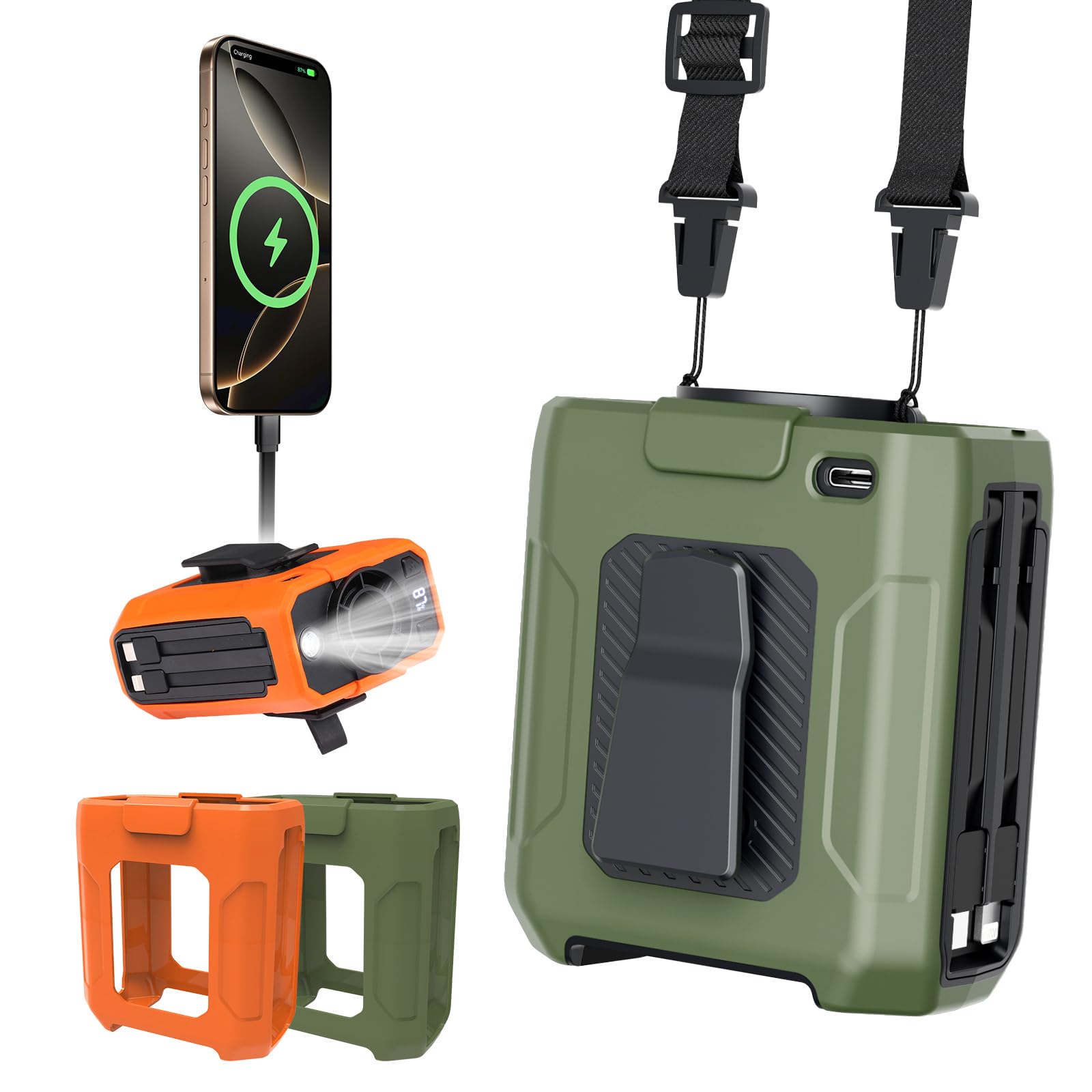 LONHEO Ventilateur 4 en 1 à clip de taille avec batterie externe de 10 000 mAh, 5 vitesses, rechargeable, ventilateur de ceinture portable pour l'extérieur, le camping, l'escalade