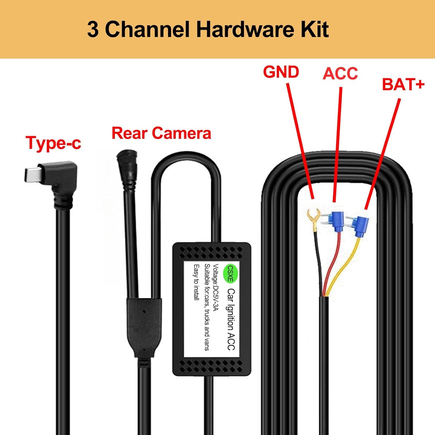 Typ-C-Hardwire-Kit für 3-K-Spiegel-Dashcams, DC 5 V, 3 A, Auto-Armaturenbrett-Step-Down-Kabel, inklusive Sicherungshähnen und Installationswerkzeugen, 3,4 m