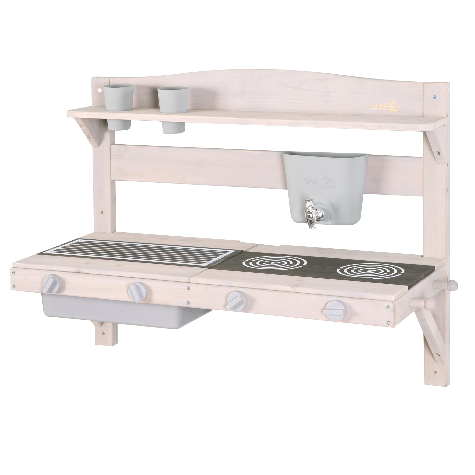 roba Hanging Mud Kitchen for Children - Functional Wooden Outdoor Play Kitchen with Water Dispenser & Accessories - FSC Certified Wood - Gray Stained