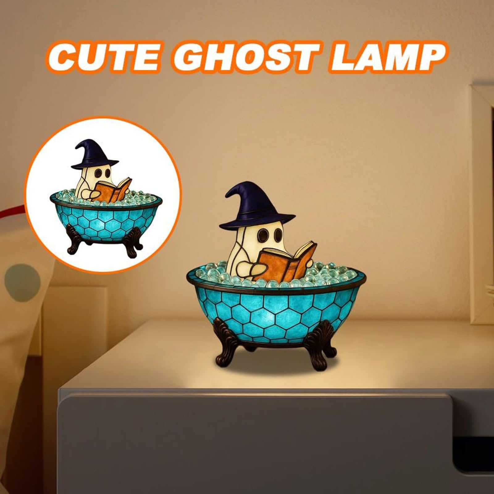 Dekoracja halloweenowa lampa do kąpieli z duchem - zmieniające kolor nastrojowe światło do dekoracji stołu wewnętrznego, półki, kominka -