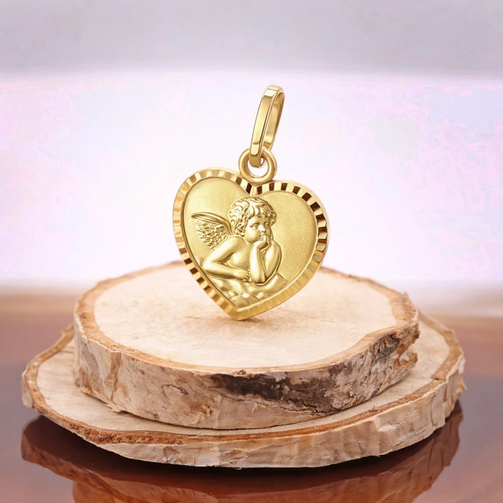 CLEVER SCHMUCK Herz Anhänger mit Engel 11 x 10 mm Rückseite Gott schütze Dich * Blumendekor Rand diamantiert 925 Silber vergoldet im Etui creme