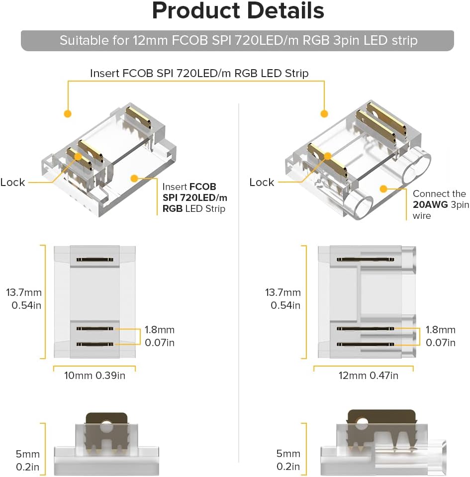 BTF-LIGHTING COB 3Pin 12mm Width Transparent Connector Kit 8 Pairs of Wire to Strip,8pcs Gapless Connectors Only Support FCOB SPI WS2811 720LED/m RGB (+ DI GND) 3 Wires LED Light - Image 3