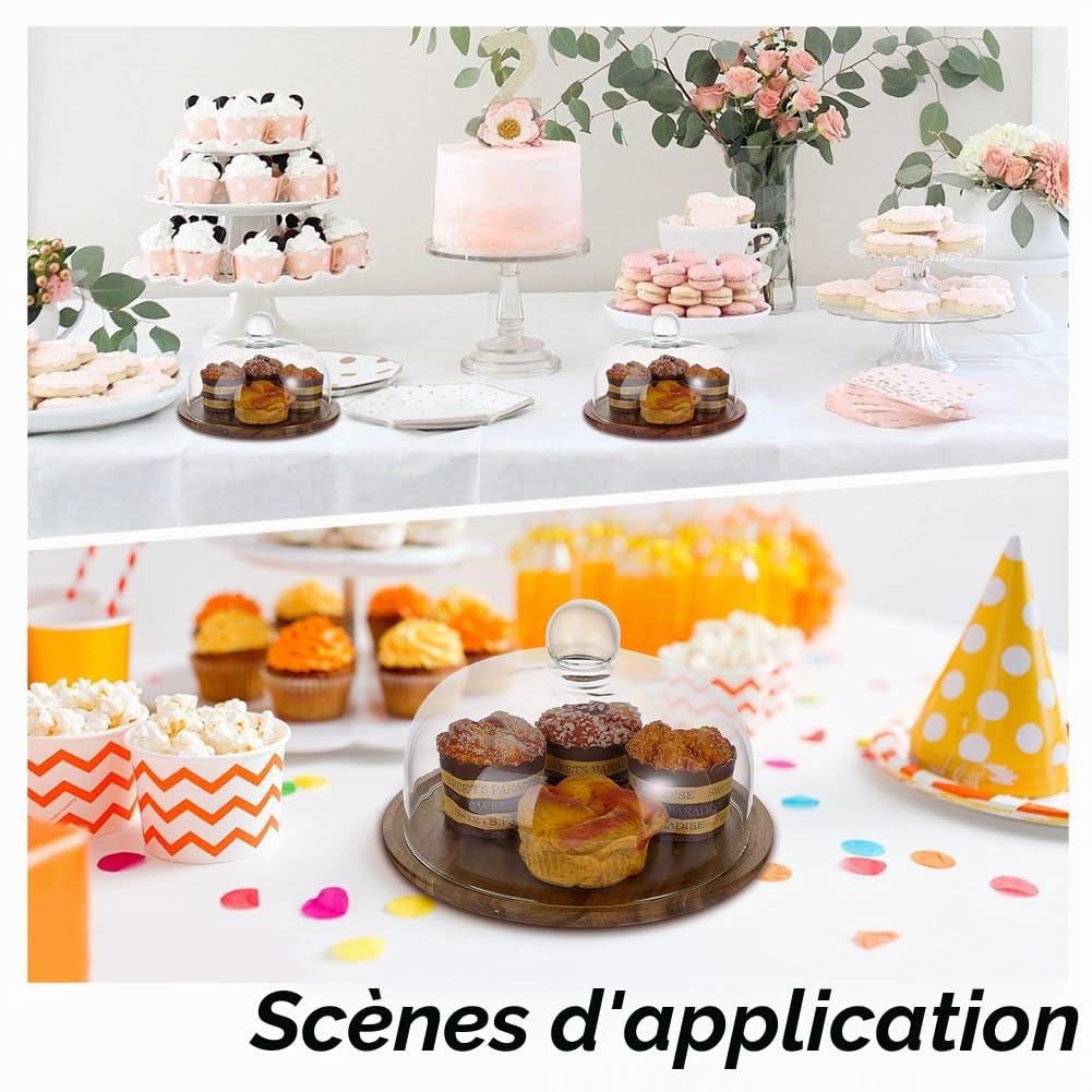 nbeads Présentoir à Gâteau avec Dôme en Verre, Cloche à Gâteau en Verre avec Base en Bois D'Acacia Plateau à Gâteau avec Couvercle pour Cuisine Fêtes Pâtisserie Cadeaux, 25.5x25.5x17cm