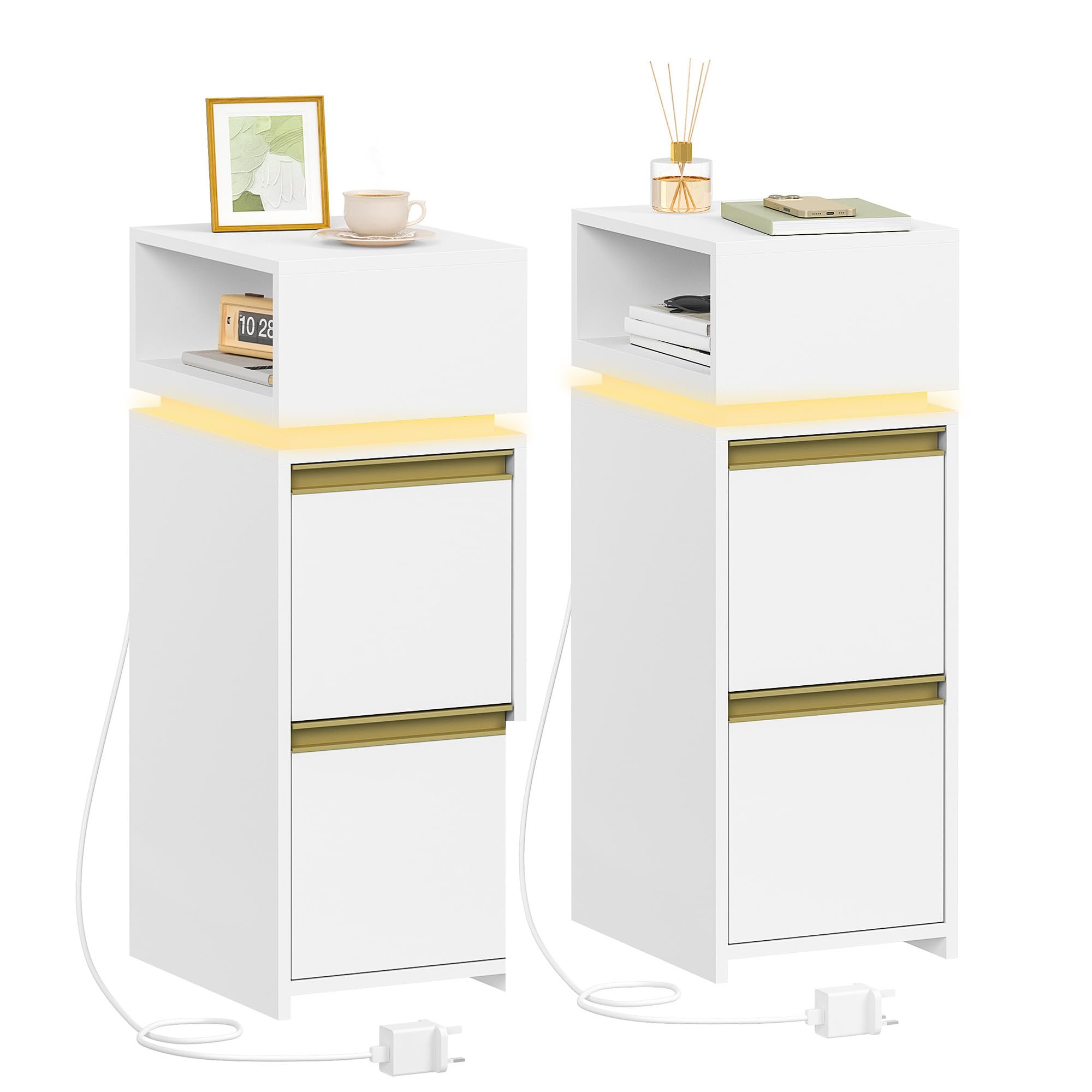 HEXCELEN Slim Bedside Table, Set of 2, Bedside Cabinet with LED Lighting, Small Nightstand with 2 Drawers and 1 Open Space, Side Table, for Bedroom, Living Room, Modern, White