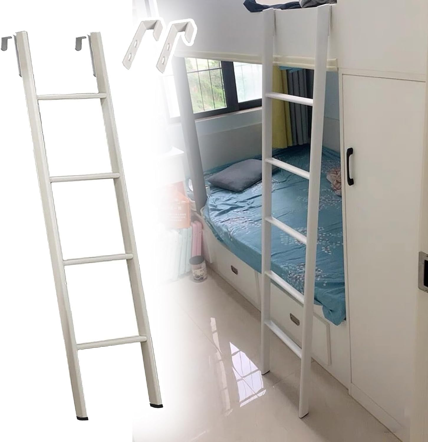 MANUKS Scaletta per Letto a Castello in Metallo con Ganci, Scala a Castello Bianca per Camper per La Scuola del Dormitorio, Scaletta per Letto Singolo Regolabile (140cm/55")
