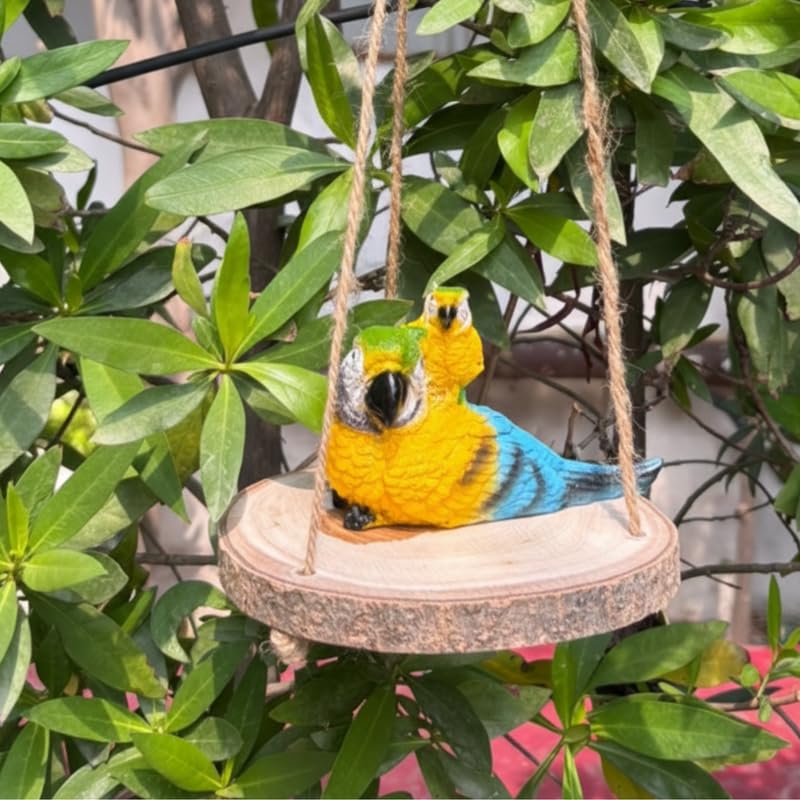 Wonderland Hand-Painted Parrot Couple on Hanging Wood Slice Swing – Rustic Garden Statue & Outdoor Tree Decor-image-43
