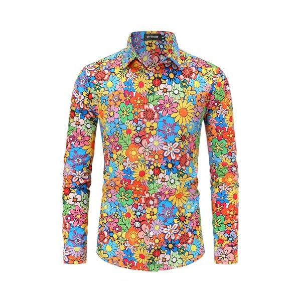 70s Outfits for Men Long Sleeve Casual Button Down 70s Disco Retro Paisley Shirt 70s Floral Vintage Hip Hop Shirts