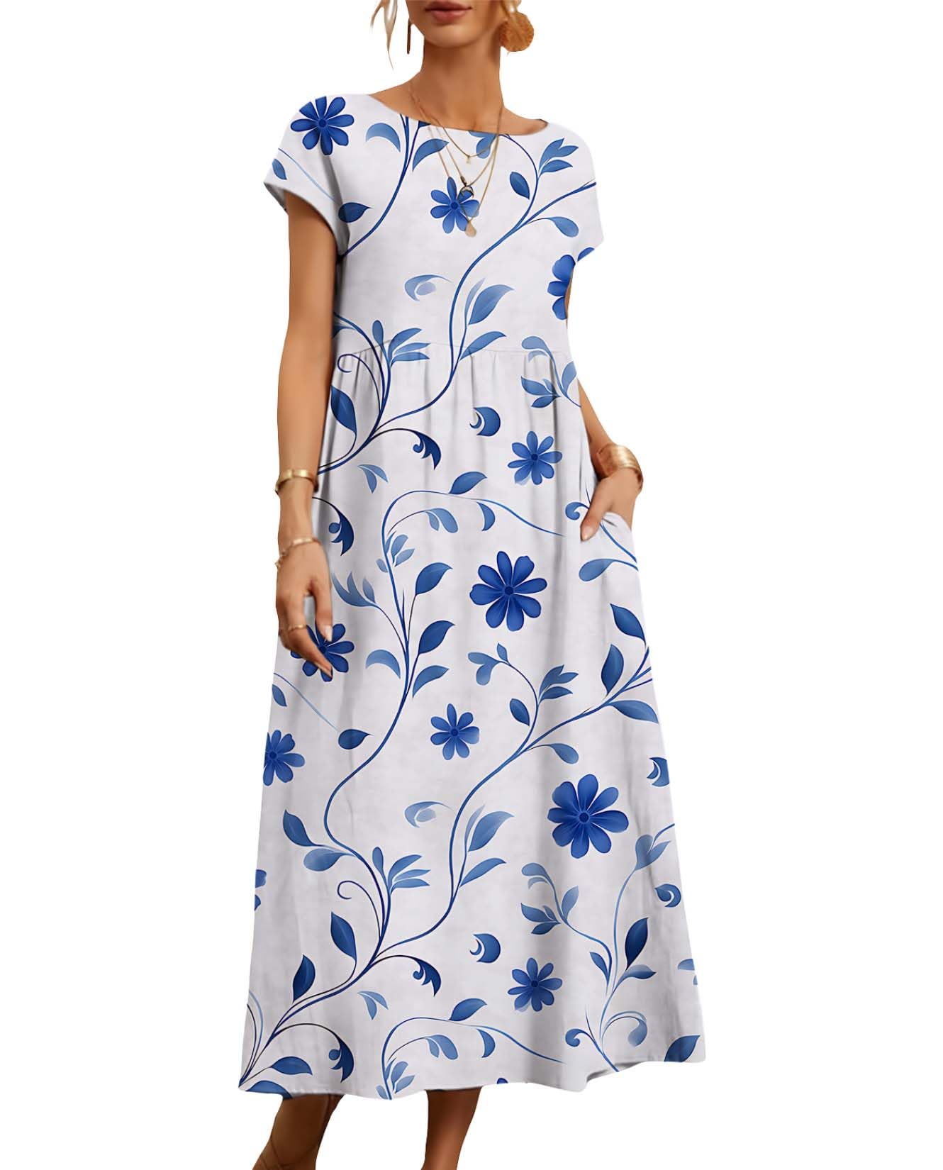 Womens Cotton Linen Maxi Dresses 2025 Summer Floral Print Short Sleeve Crewneck Beach Vacation Sundress with Pocket