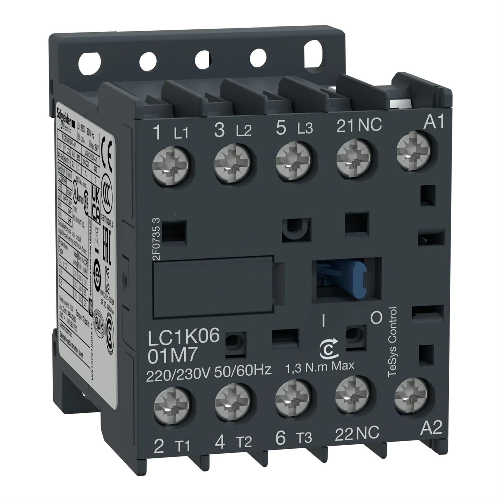 Contacteur LP1K0610BD tripolaire robuste de calibre 6A tension 440V
