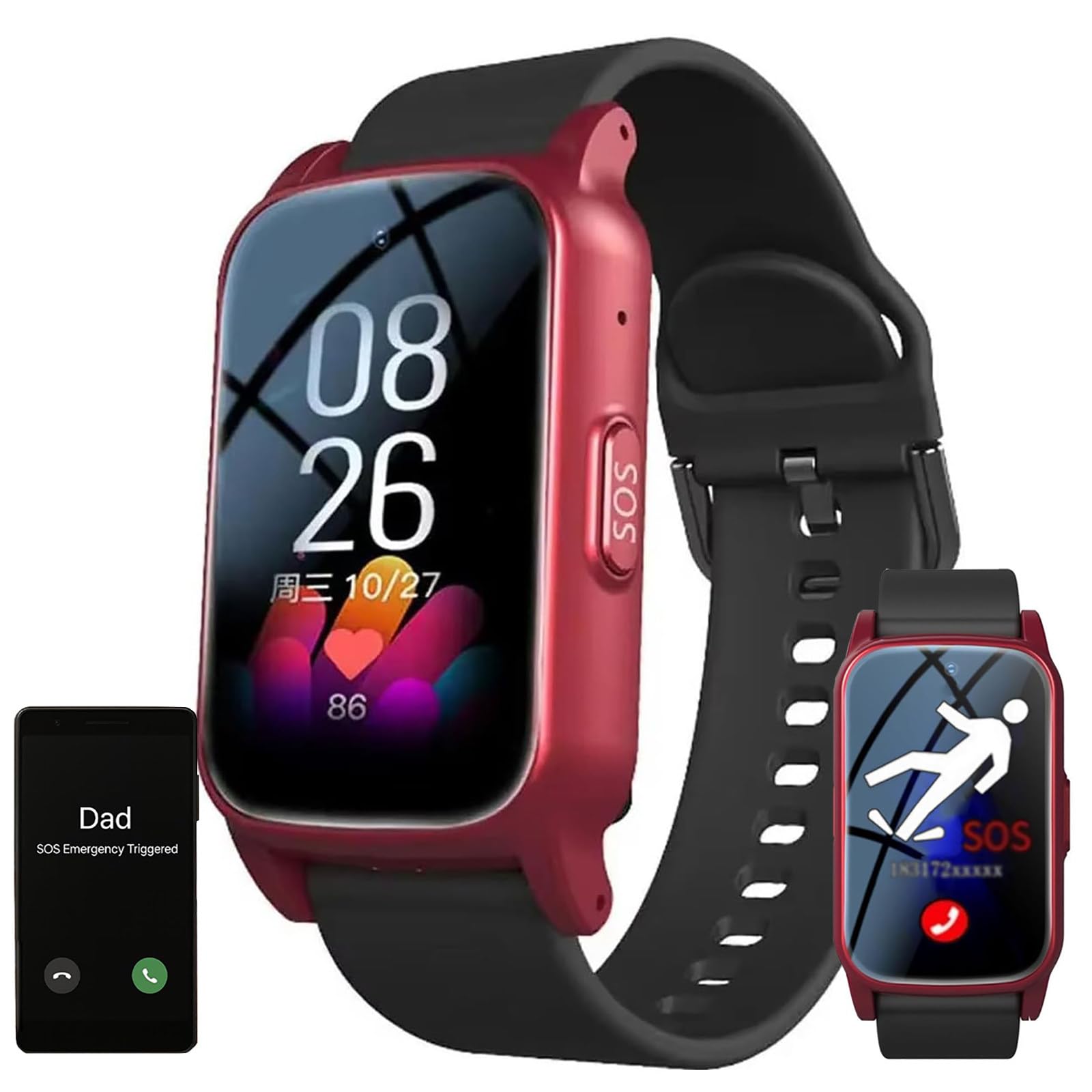 Zhzwwansuge Red Smartwatch For Seniors - Fall Detection, Gps Tracker, Sos Call Button, Health Monitoring + Auto Answer + Voice Prompts, Dementia/Alzheimer's Tracker Watch