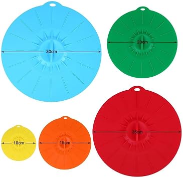 Silicone Suction Lids , Reusable Silicone Dustproof Heat-Resistant Cover, Fit Any Round Container Flat Rim, Great for Frying Pans Casseroles Woks - 5 sizes