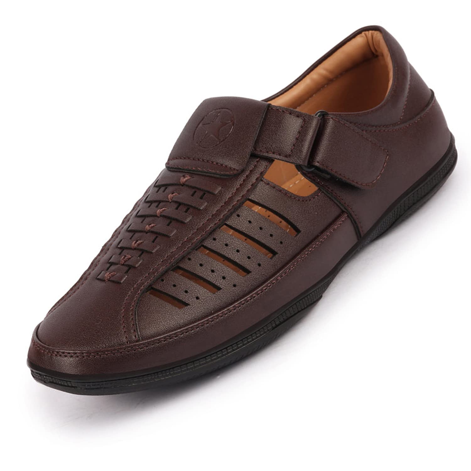 Mens Breathable Casual Slip-On Sandals With Buckle Strap | Laser Cut Shoe Style Stitched Roman Sandals For Office, Travel & Daily Use |-image-49
