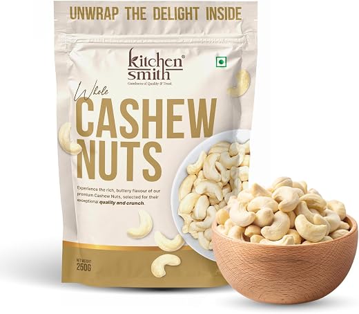 KitchenSmith Premium Whole Cashew - 250gm (Grade W240) | Crunchy Cashews, Kaju Dry Fruit &amp; Cashew Nuts | Gluten Free &amp; Pla...