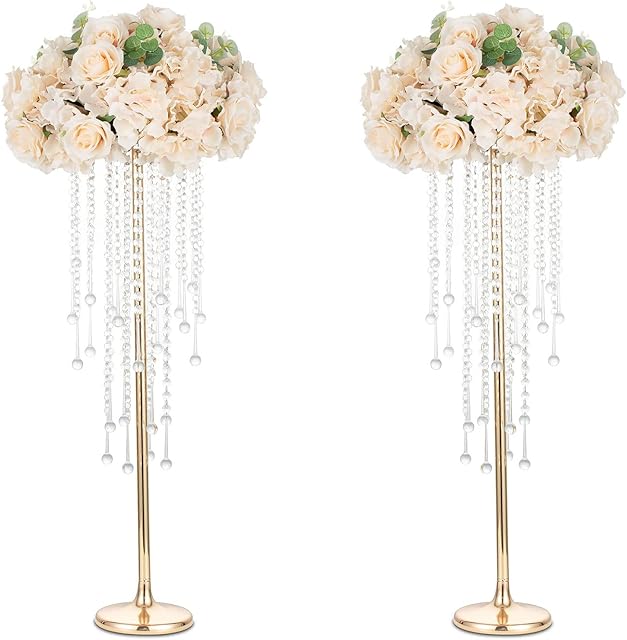 Sziqiqi 2 Pcs Gold Tall Vases for Wedding Centerpiece - 75cm Metal Flower Crystal Centerpieces Stand with Crystal Beads for Event Party Reception Center Piece Floral Arrangements