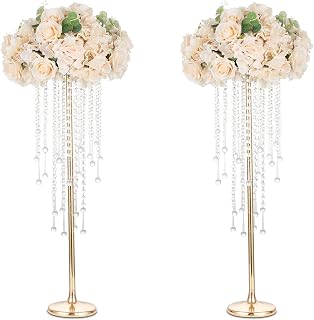 Sziqiqi 75cm Metall Goldene Vasen mit Kristall Kette Hochzeits Tisch – 2 Stück Hoch Vase Blumensäulenständer für Blumenarrangements, Große Blumenvasen für Hochzeitsfeiern Straßenführungen