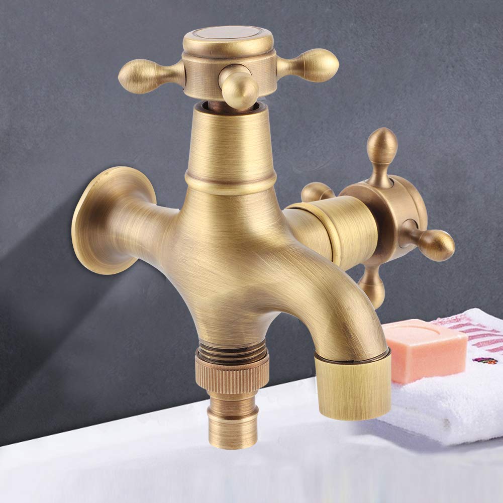 Haofy Grifo de Agua de Rosca G1/2in, Grifo de Cobre Simple para baño, Lavadora, Fregadero, Grifo de Agua para Piscina con Doble Salida de Agua, Oro Retro