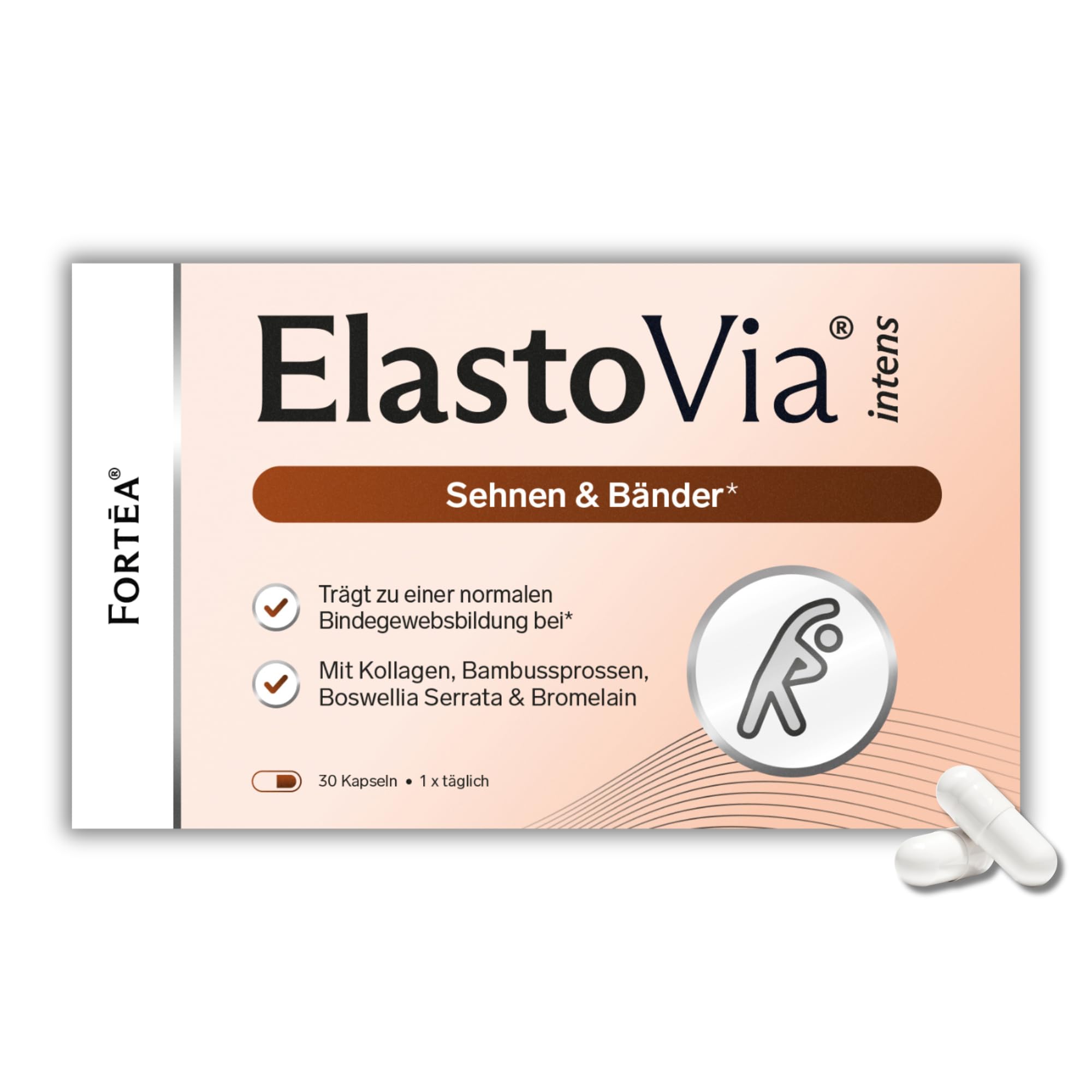 FORTEA® - Sehen & Bänder Kapseln in Apothekenqualität - ElastoVia - Für Sehnen und Bänder entwickelt - Komplex mit Boswellia Serrata Extrakt, Bromelain, Vitamin C und D - 30 Stück