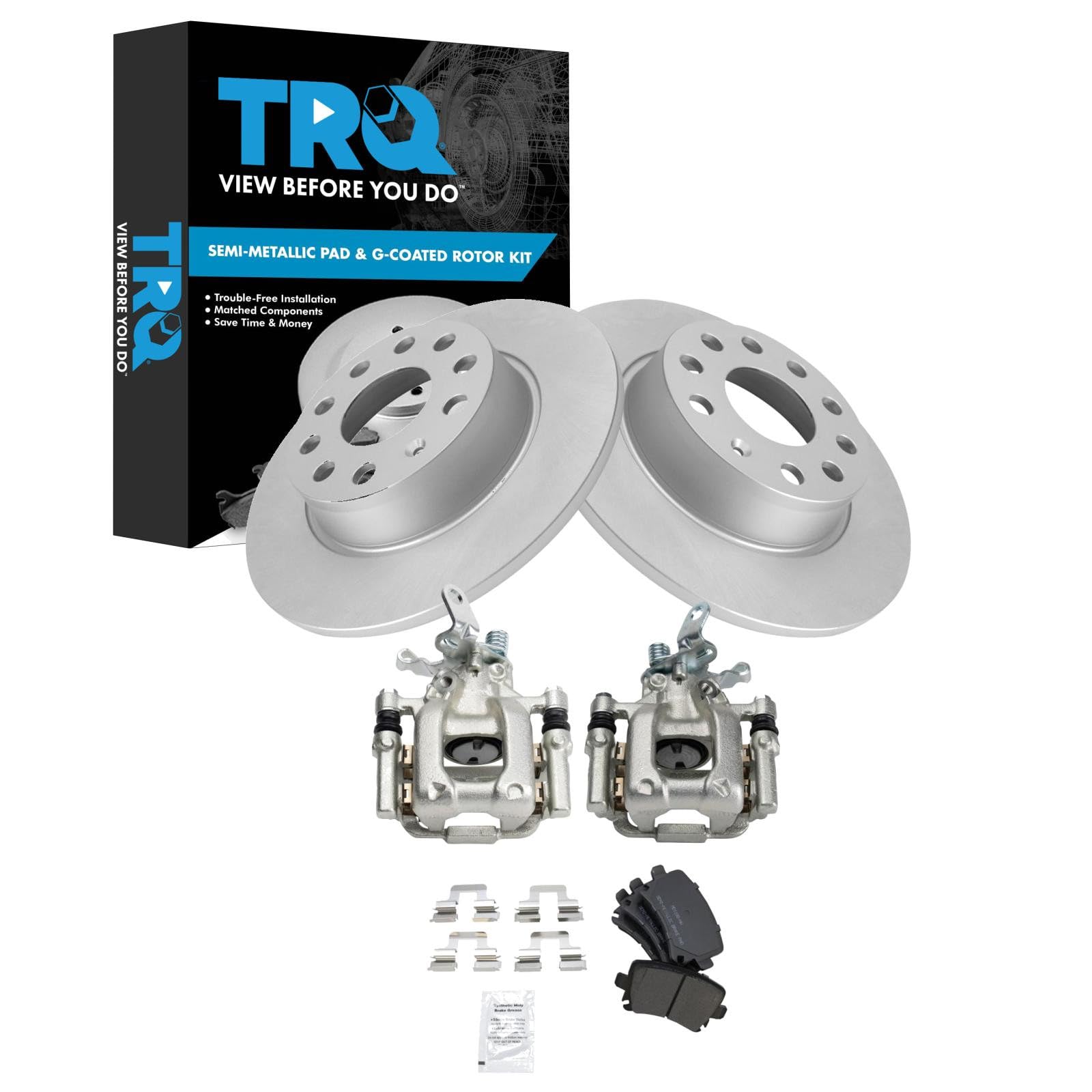 TRQ Rear Brake Pad and Rotor Set Semi Metallic Coated Rotors Calipers Compatible with 2010 Audi A3 A3 Quattro Volkswagen Jetta