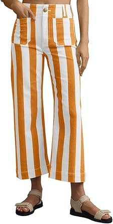 Tankaneo Womens Cropped Striped Jeans Casual High Waisted Stretchy Polka Dots Straight Leg Denim Pants with Pockets