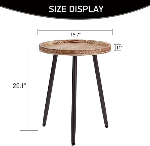Miniatura 16 de Tiita Mesa auxiliar redonda mental, mesita de noche, mesas pequeñas de madera, mesa de centro con bandeja de madera para sala de estar, dormitorio,