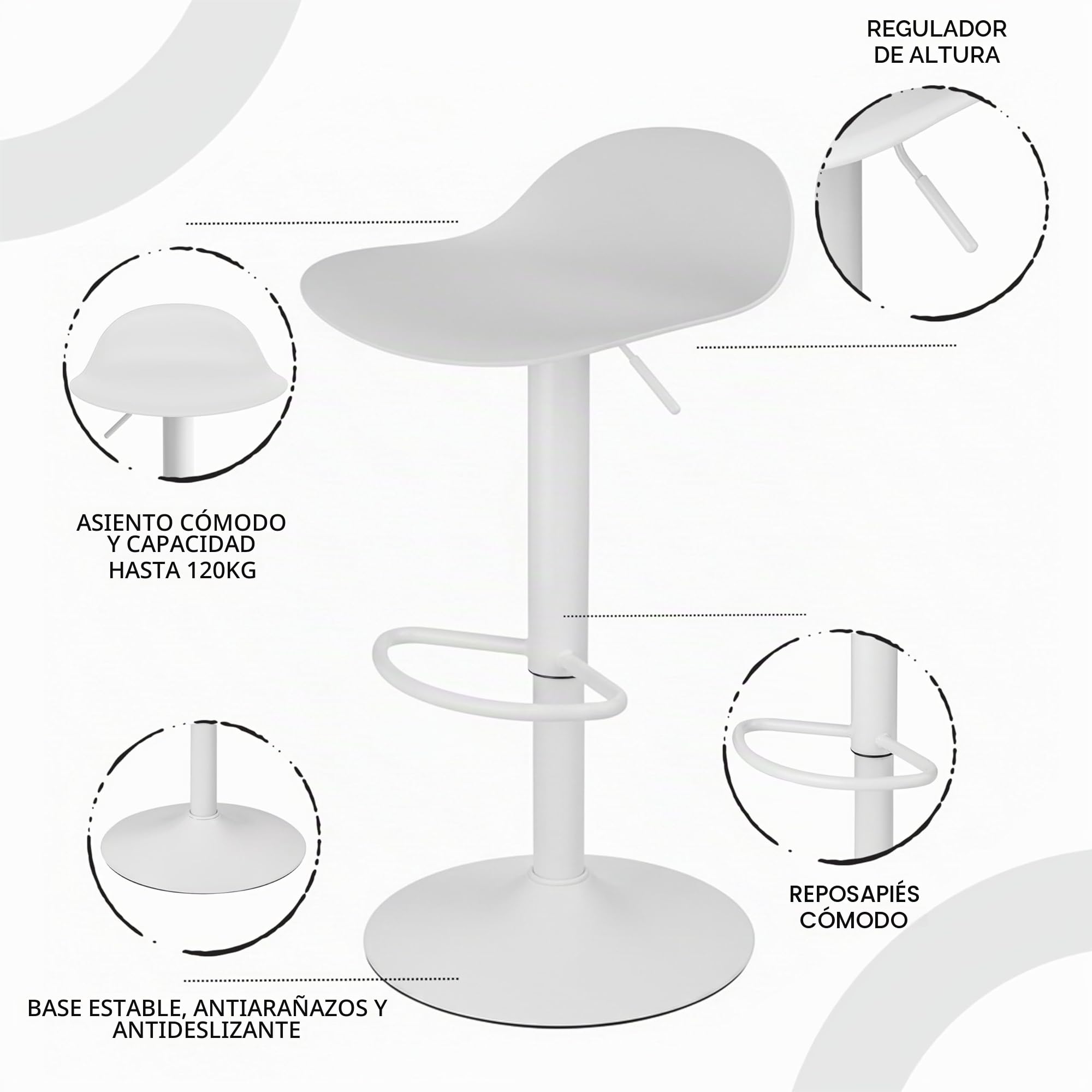 Baroni Home Juego de 2 Taburete de Bar Giratorio con Altura Ajustable, Fondo antiarañazos y reposapiés, para Cocina, Restaurante y Bar, Ligero y fácil Montaje, 41x40x64-86 cm, 2 Unidades, Blanco