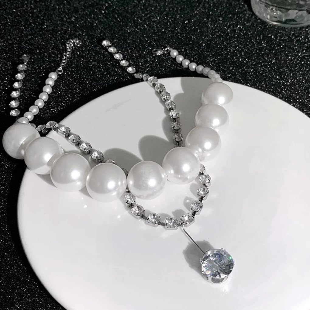 Chunky Pearl Choker Necklace for Women,Big Pearl Rhinestone Layered Necklaces Stack Party Statement Necklaces,Charm Bride Wedding Jewelry Accessories - Image 5