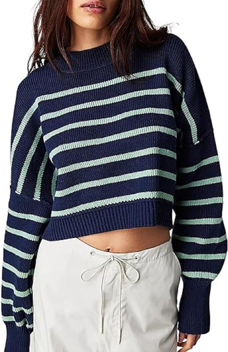 GenericWomen's Cropped Pullover Sweaters Striped Ribbed Knit Long Sleeve Sweater Jumper Tops