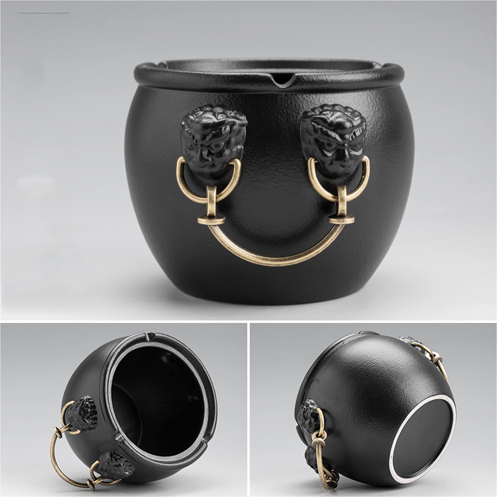 Kfgisd Black Ceramic Of Creative Trash Can Mini Waste Bins With Lid/Ceramic/H-10.5Cm And Retro Decoration ,Ashtrays(Black)