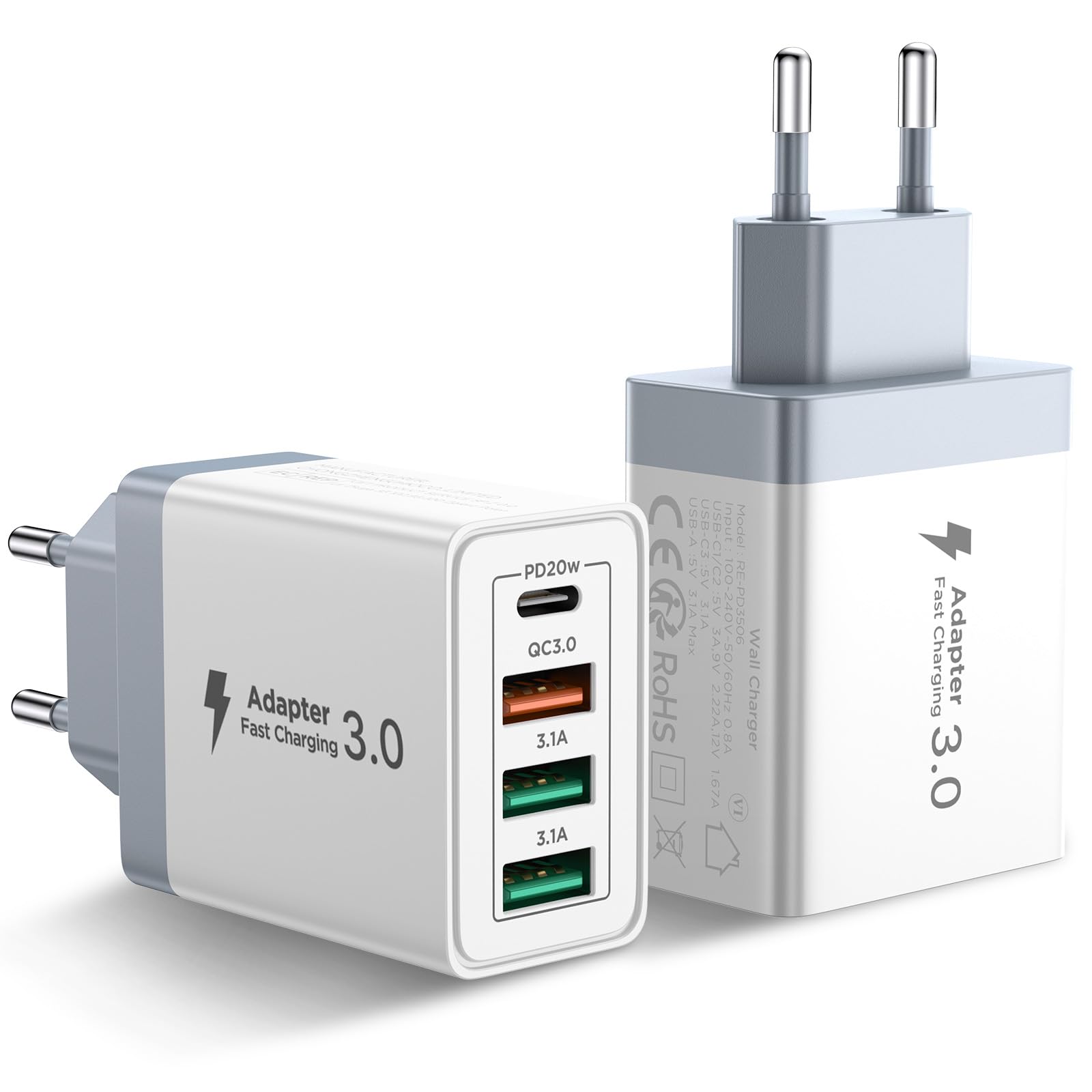 USB Ladegerät, 2er Pack 4 Ports USB Adapter Schnellladegerät mit USBC und USBA, 40W USB C Ladegerät Mehrfach Netzteil Charger PD 3.0 Power USBC Stecker für iPhone 17 16 15 14 13 12, Samsung, Handys
