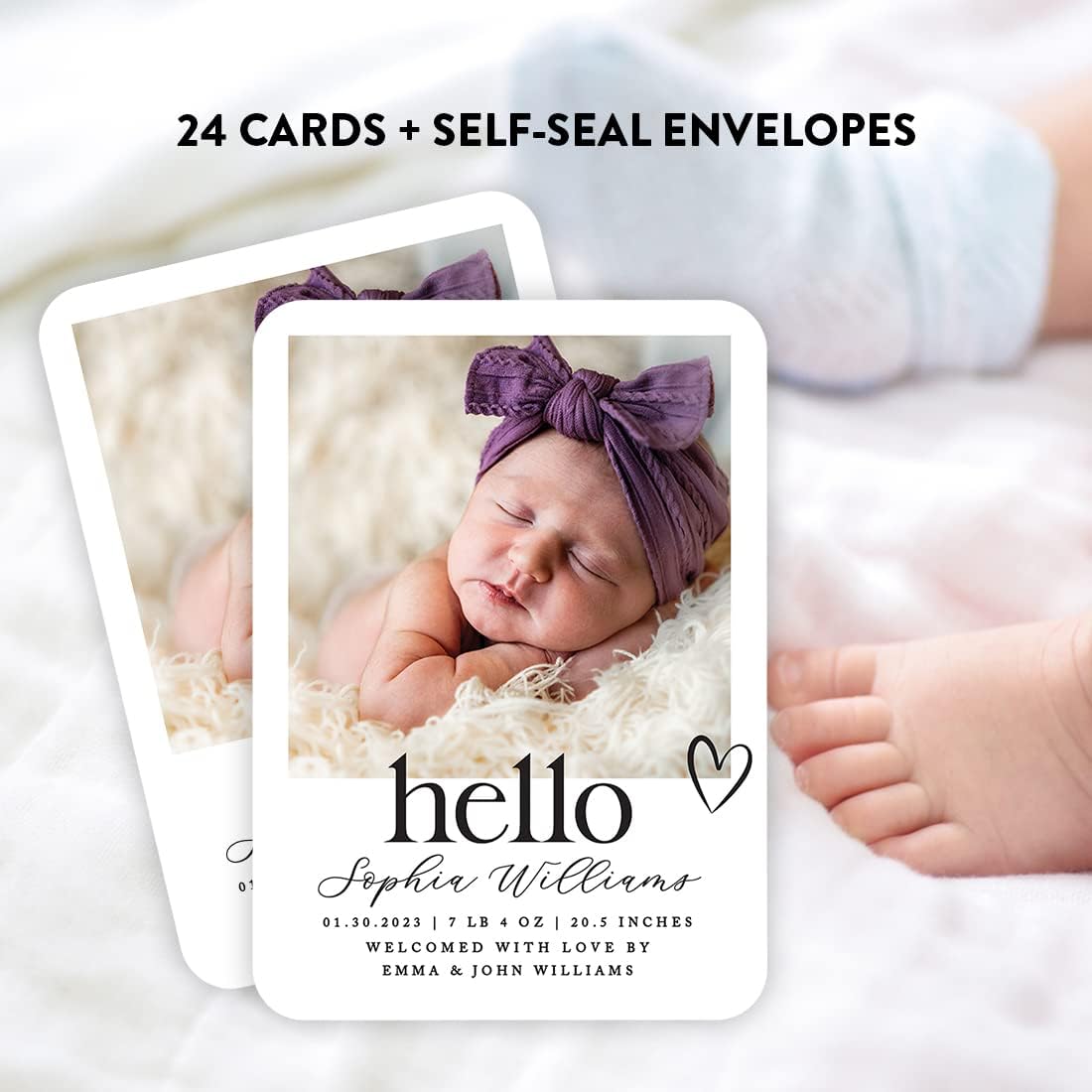 Andaz Press Photo Baby Announcements Ideas With Envelopes, Baby Birth Announcement Cards, Baby Reveal Stat Cards, Hello Newborn Baby Announcement Cards Bulk For Friends And Family, 24 Pack 5x7