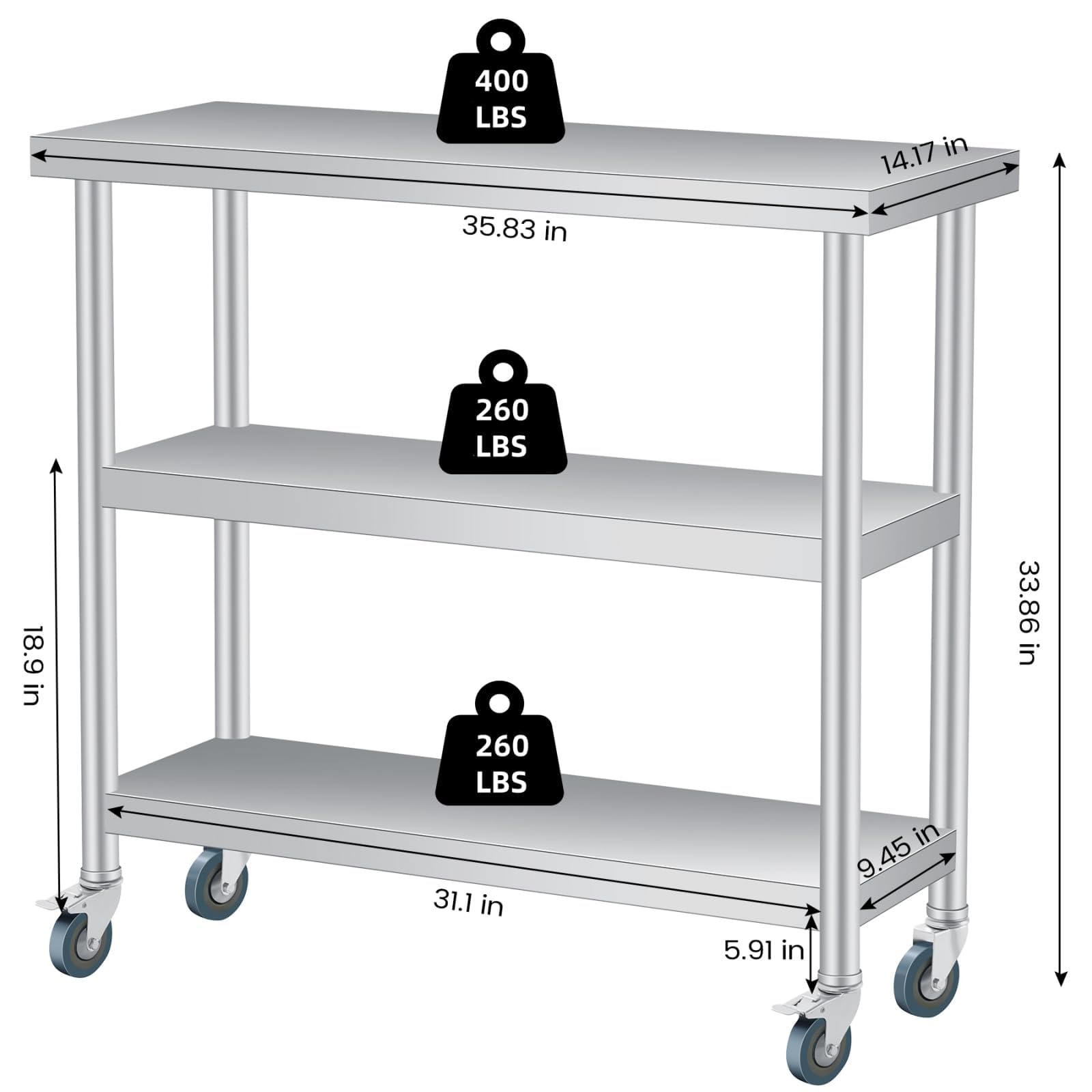 Acekool Table de Travail INOX Professionnelle 3 Niveaux 36 x 14 x 34 po - étagère de Rangement - roulettes verrouillables - Facile à Nettoyer, antirouille - pour Cuisine/Restaurant/hôtel/Atelier -