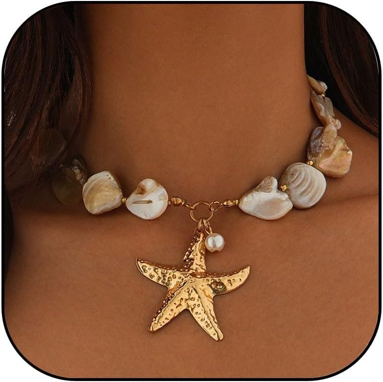 MIFYNN Gold Shell Starfish Necklace for Women - Layered Pearl Beaded Beach Surf Jewelry Gift