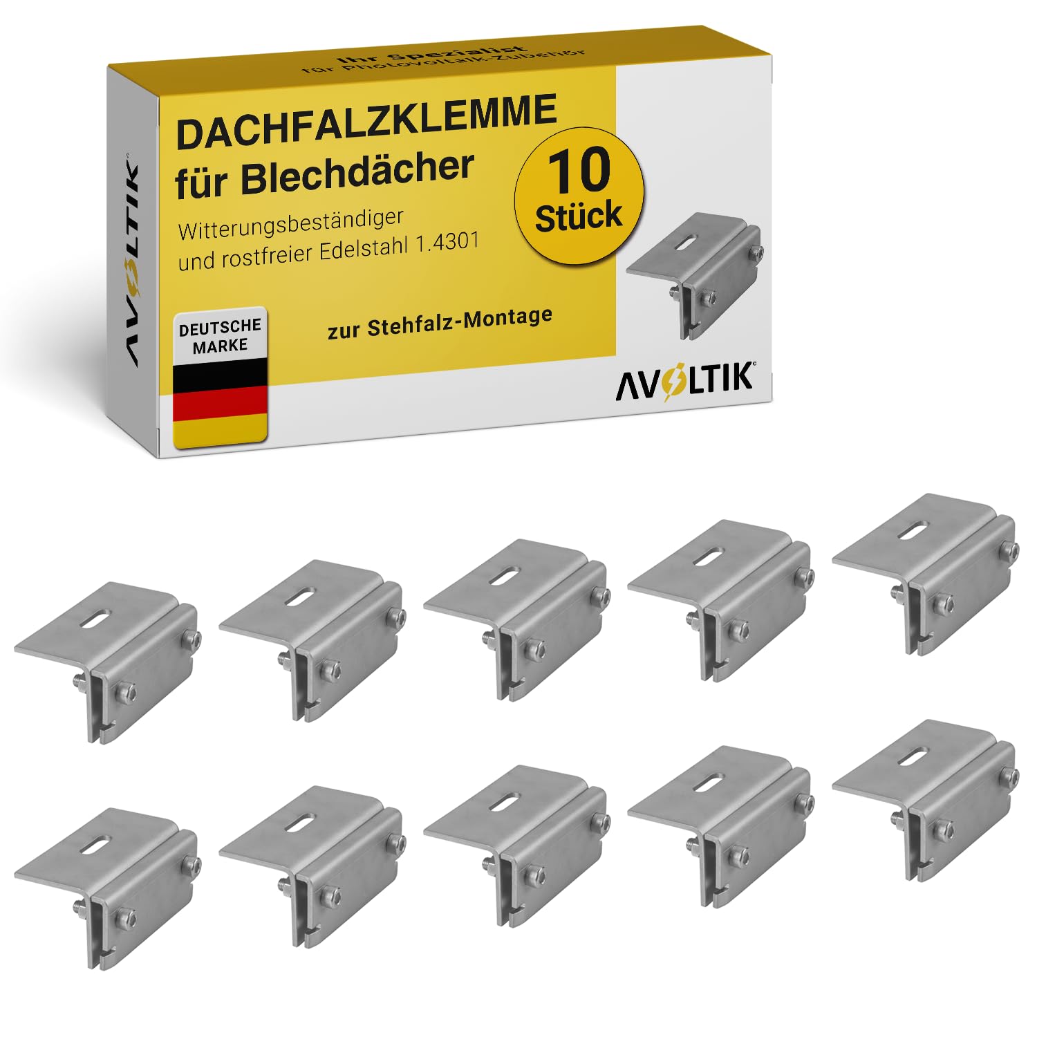 Avoltik 10x Dachfalzklemme zur Solarpanel Befestigung I Stehfalzklemme Photovoltaik aus Edelstahl 1.4301 I Klemme 45x52mm zur Solarmodul Dachbefestigung I Montageklemme zur Stehfalzdach-Montage