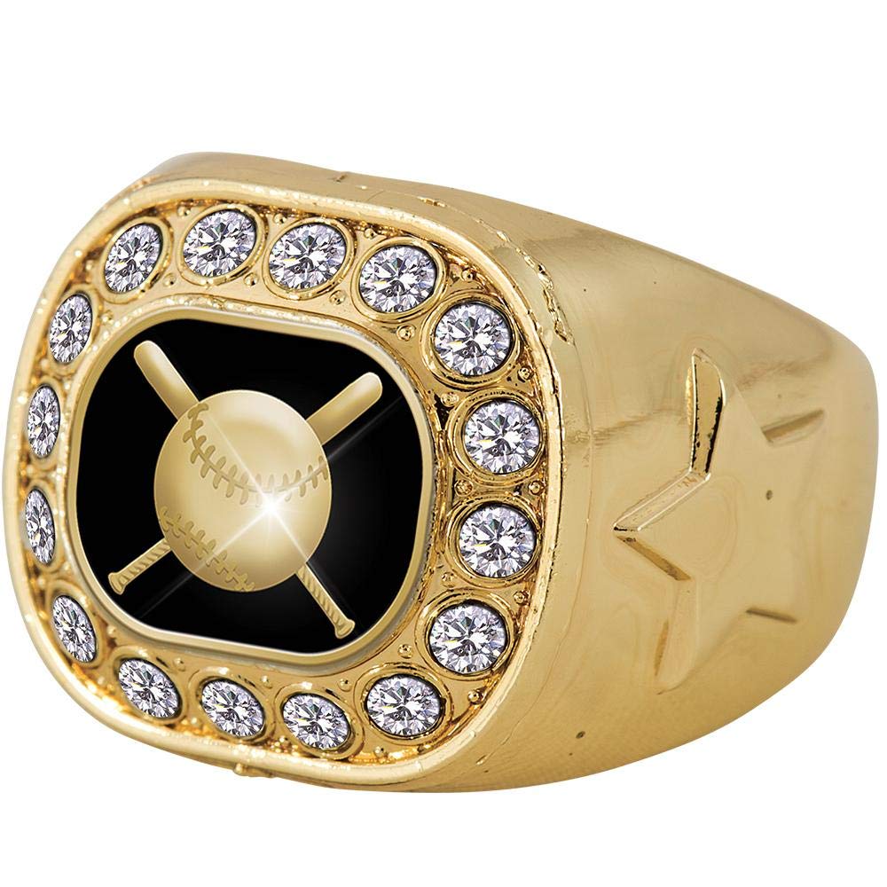 Crown Awards Gold Crystal Baseball Rings, Baseball Championship Ring with Gemstones, Size 8