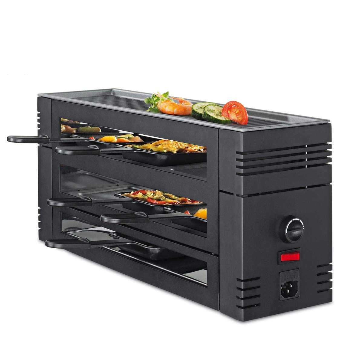 Spring Pizza Raclette dla 6 Osób, Czarny, z Funkcją Pizzy, 6 Patelni i Skrobak, Poziom Odstawienia, Elektryczny Grill Stołowy, 46 × 16 × 21,5 cm, 1100 W