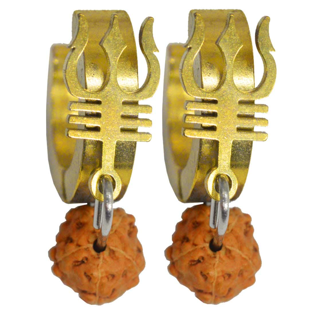 Religious Jewelry Lord Shiv Trishul Rudhrasha Bead Piercing Jewelry Stainless Steel, Wood Gold Hoop Earring
